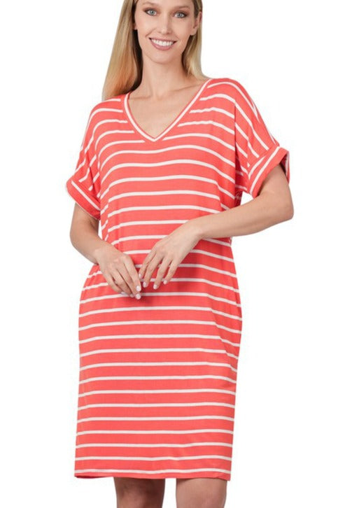 Cora Striped Rolled Sleeve Midi Dress (Small-3X)