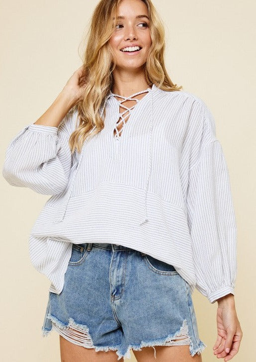 Resort Balloon Sleeve Lace Up Blouse