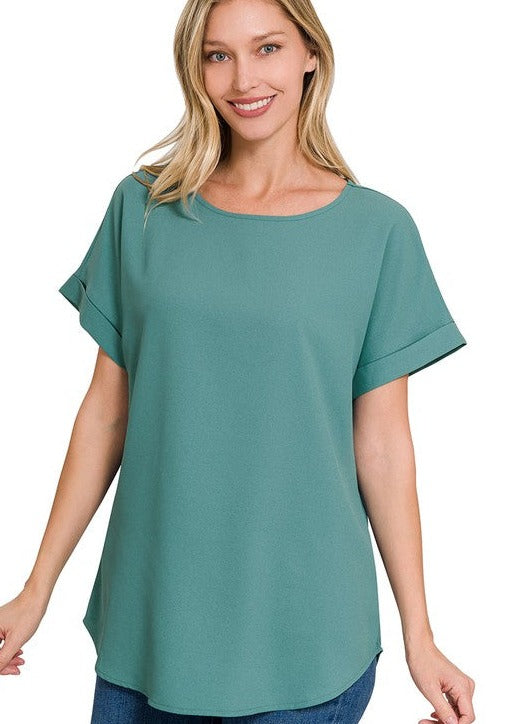 Rolled Sleeve Boat Neck Blouse (2 COLORS)