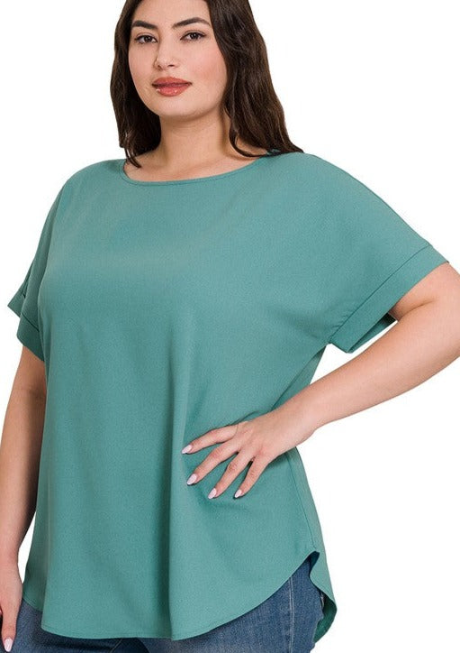 Rolled Sleeve Boat Neck Blouse (2 COLORS)