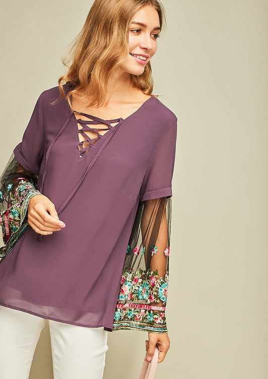 Embroidered Sleeve Blouse- Purple